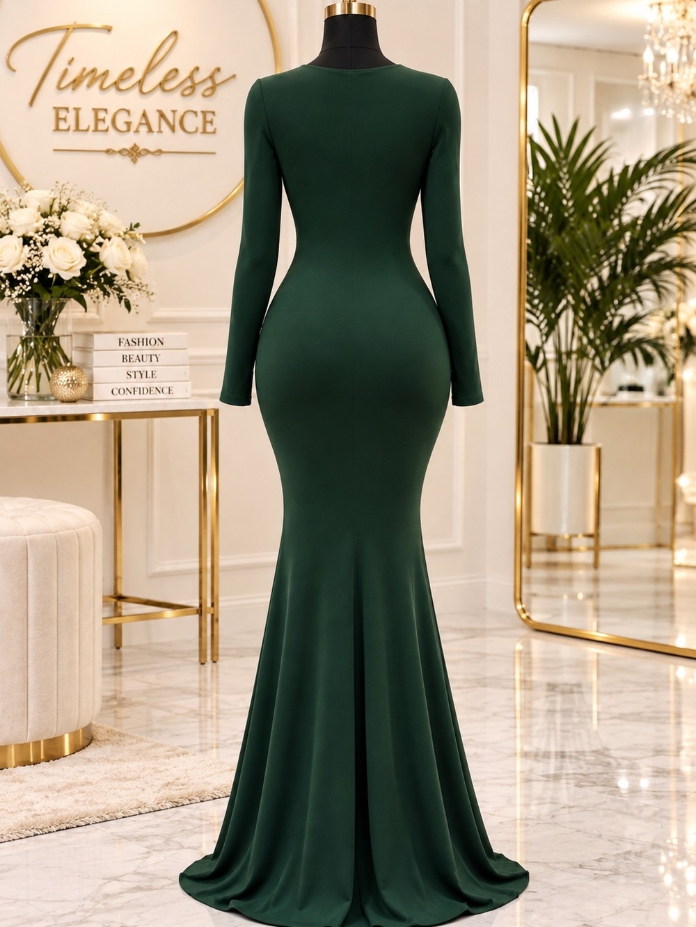 Timeless Elegance Long Sleeve Ruched Mermaid Dress - Green - Picture 2 of 2